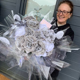 Grey & White Silk Rose Bouquet with Pearl String - Sale