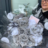 Grey & White Silk Rose Bouquet with Pearl String - Sale