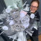 Grey & White Silk Rose Bouquet with Pearl String - Sale
