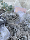 Grey & White Silk Rose Bouquet with Pearl String - Sale