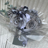 Grey & White Silk Rose Bouquet with Pearl String - Sale