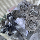 Grey & White Silk Rose Bouquet with Pearl String - Sale
