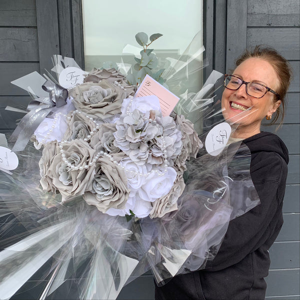 Grey & White Silk Rose Bouquet with Pearl String - Sale