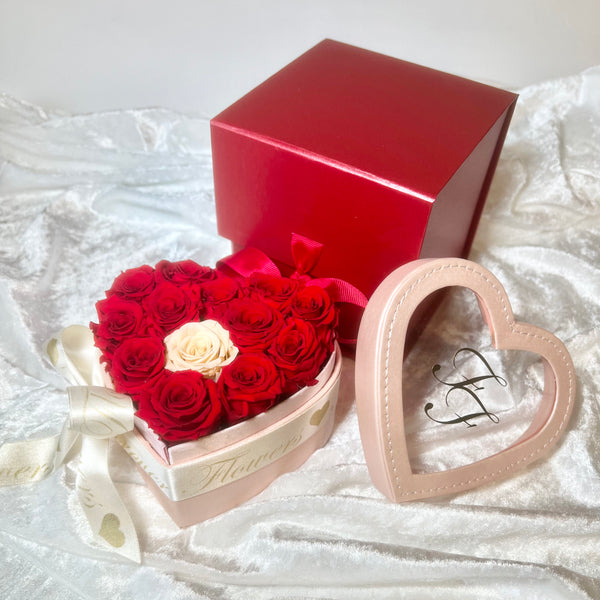 Pink Leatherette Heart Box Red Long Life Roses - Sale