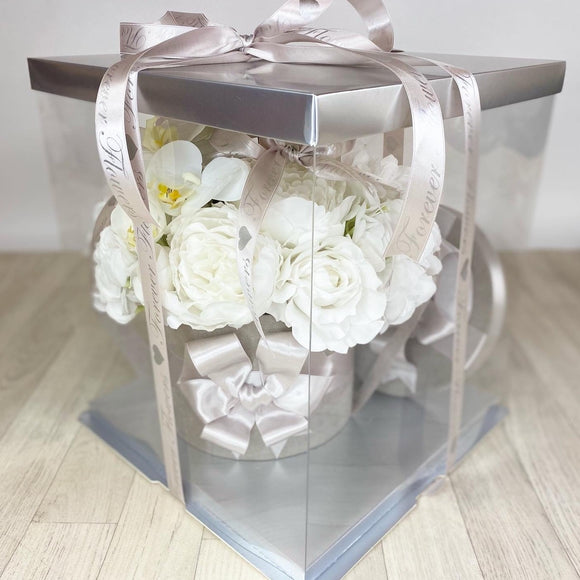'Let Love Bloom' Artificial Silk (Faux Flowers) Box (Pink or Silver)