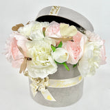 Grey Suede Box Artificial Silk Pink & Cream Peonies - Ready Made Collection